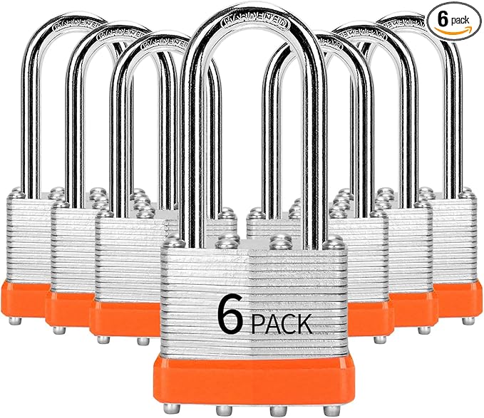 Padlocks Keyed Alike, Pack of 6, Laminated Steel Keyed Lock (1-9/16", 40mm), Padlocks with Same Key, Long Shackle, for Toolbox, Locker & StorageUnit or More