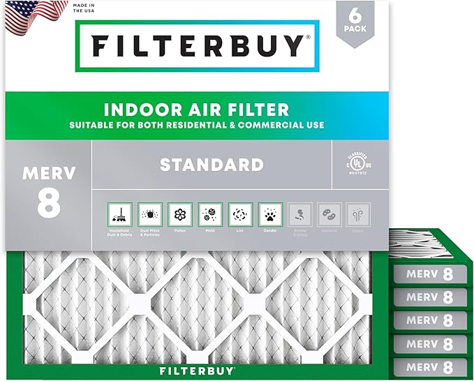 Filterbuy 19x19x1 Air Filter MERV 8 (MPR 700) Dust Defense Replacement (6-Pack), Electrostatic Pleated HVAC AC Furnace Filters, Made in USA (Actual Size: 19.00 x 19.00 x 0.75)