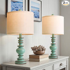 BOBOMOMO 20" Distressed Teal Bedside Lamps Set of 2, Hand-Painted Vintage Resin Lamps with Linen Shades, Cottage Farmhouse Lamp for Living Room, Bedroom, and Hallway, Space-Saving Accent Lamps