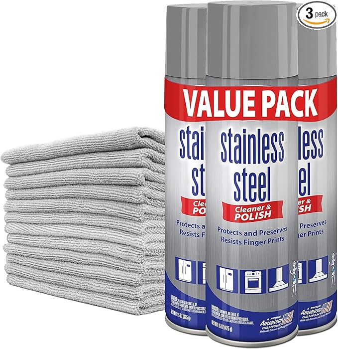 Pack of 3 Sprayway' Stainless Steel Cleaner - Foam Action Cleaner - 15 Fl Oz - Bundle With 10 Premium Microfiber Cleaning Cloth (With Grey Microfiber (10 Pack))