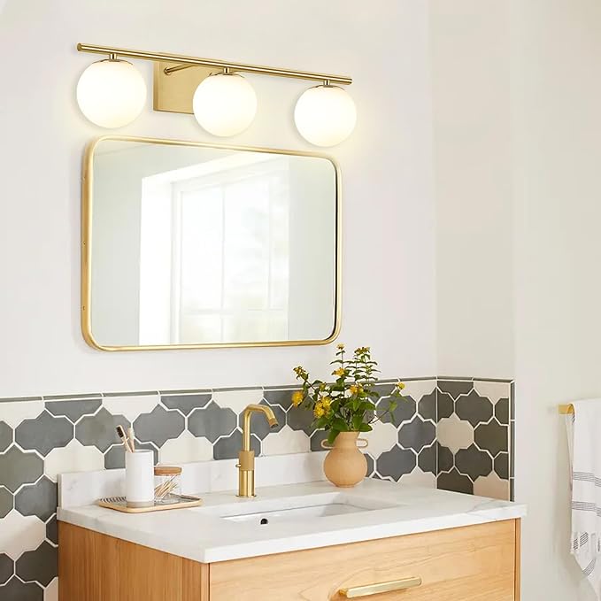 New Bathroom Vanity Light 3 Lights Fixtures Brushed Brass Milk White Globe Glass Shade Modern Wall Bar Sconce Over Mirror (Exclude G9 Bulb)