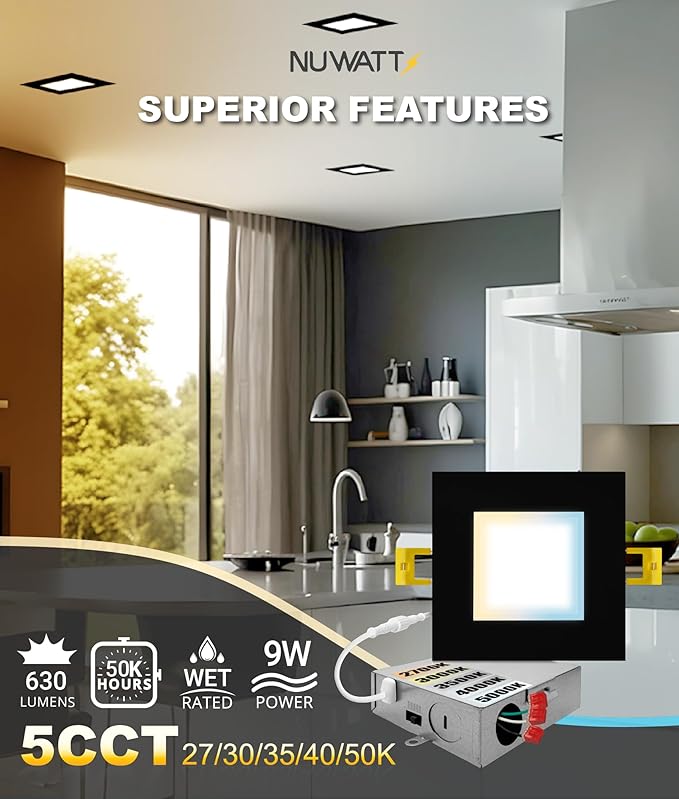 NUWATT 12 Pack 4 Inch Square Ultra-Thin LED Recessed Lighting, Selectable 2700K/3000K/3500K/4000K/5000K, 630 Lumens Dimmable, IC Rated, Black Slim Panel Light, Canless Wafer Lights, Metal J-Box