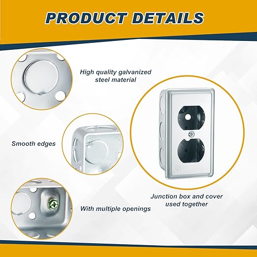 8 Set 4 x 2 Inch Electrical Junction Box with Cover Square Plenum Box Galvanized Steel Metal Outlet Boxes, Ten 1/2'' Knockouts, 1-7/8" Deep, 13 Cu. in. Capacity (Duplex Receptacle Cover)