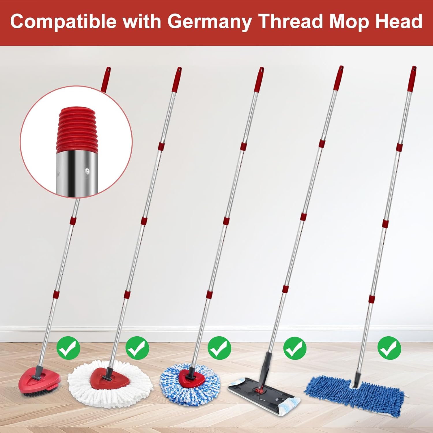 4 Section Stainless Spin Mop Replacement Handle for O Cedar Spin Mop Handle for Ocedar Spin Mop Handles Adjustable 30" to 58" Mop Stick Pole to Various Floor Clean, Universal Screw Joint (No Mop Head)