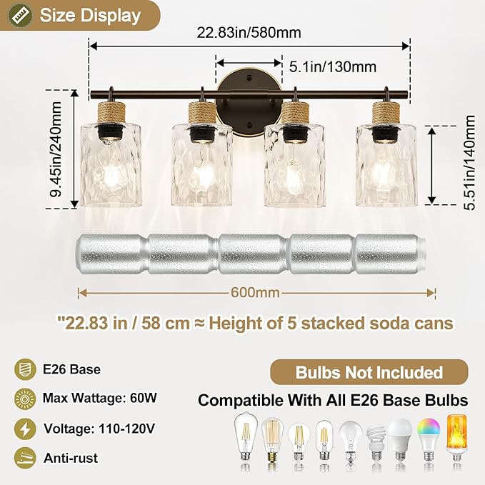 2025 Upgrade Bathroom Light Fixtures, 4-Light Coastal Vanity Lights with Crystal Glass Shade, Oil-Rubbed Bronze Bathroom Wall Lamp for Mirror Kitchen Hallway Cabinet
