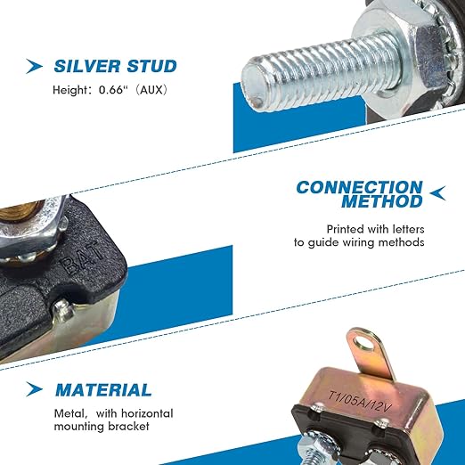 GLOSO E512 Stud Type Circuit Breakers, Crosswise Bracket, Auto Reset (T1) - 5 Pack (10A)