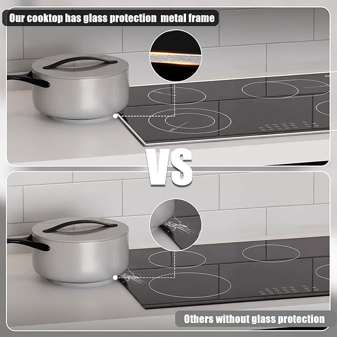 Karinear 30 Inch Electric Cooktop 4 Burners, Built-in Electric Stove top with Glass Protection Metal Frame, Expandable Burners, Multi-function Ceramic Cooktop, 220-240v Hard Wire, No Plug