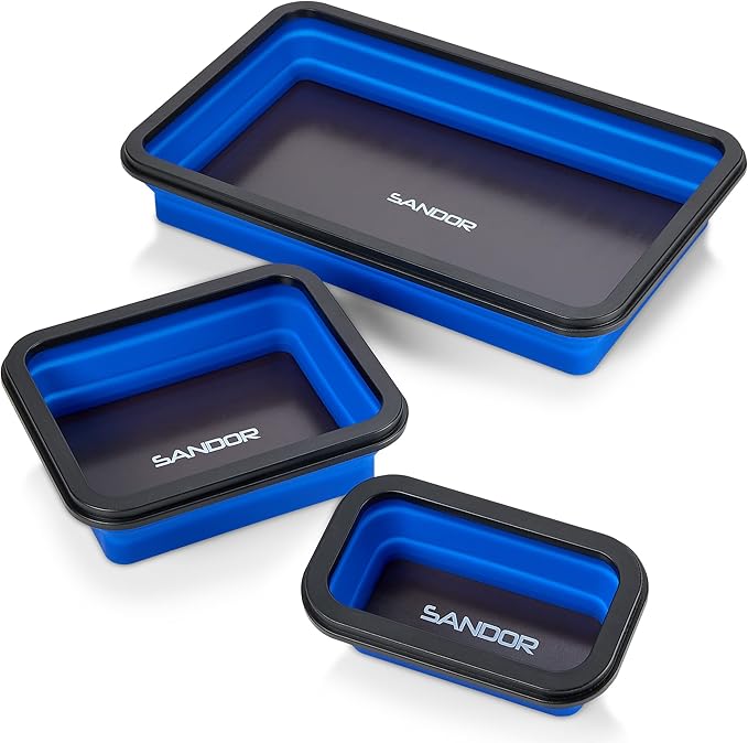 Collapsible Magnetic Parts Tray Set - 3 Different Size Tool Trays for Screw, Bolts, Nuts, Washers, Pins and Other Small Metal Parts, Mechanic Tool Gifts for Men - Blue