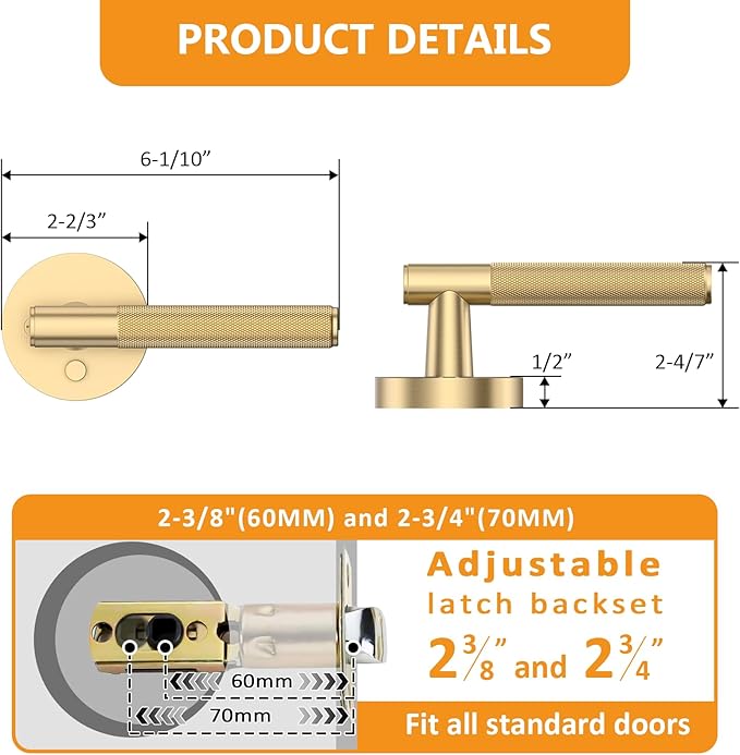 Amerdeco 3 Pack Champagne Bronze Door Handles Interior, Knurled Privacy Door Handles, Heavy Duty Door Lever for Bedroom or Bathroom, Reversible Keyless for Left Right Handed Doors AM0016 ASIN