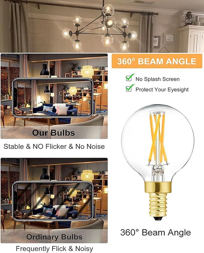 G16.5 E12 Globe Bulbs 6W Dimmable Candelabra Light Bulb 60 watt E12 Round 2700K Warm White Globe Bulb for Chandeliers,Ceiling Fan,Pendant,Wall sconces,AC120V,Clear Glass,600LM,6Pack