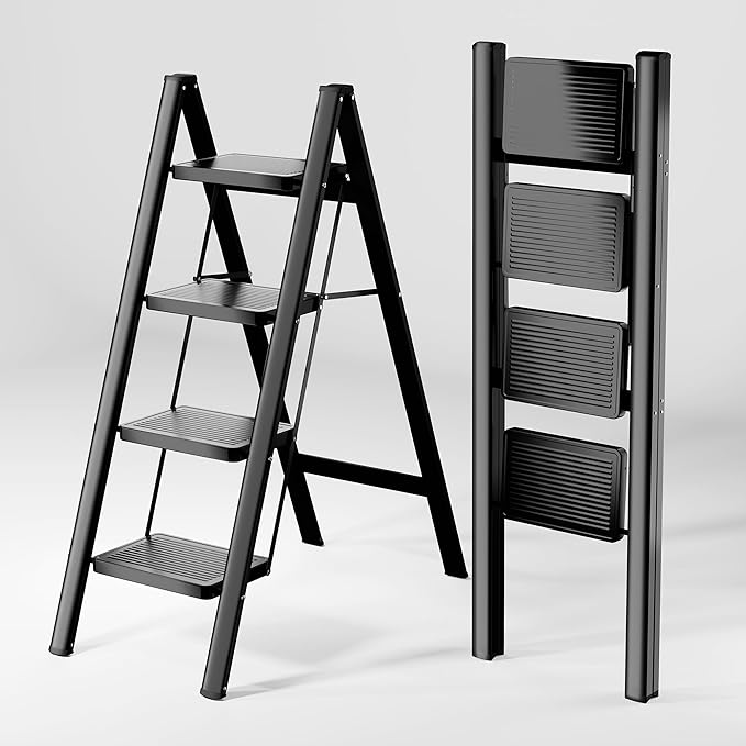 Step Ladder 4 Step Folding, Sturdy 330 Lbs Small Step Stool for Adults, Closet Step Stool Ladder with Anti-Slip Wide Pedals, Portable Folding Ladder for Home Kitchen Office