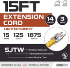 Iron Forge Cable Weatherproof 15 Ft Outdoor Extension Cord - 14/3 SJTW 15 Amp Heavy Duty Yellow Extension Cord 3 Prong - Lighted End