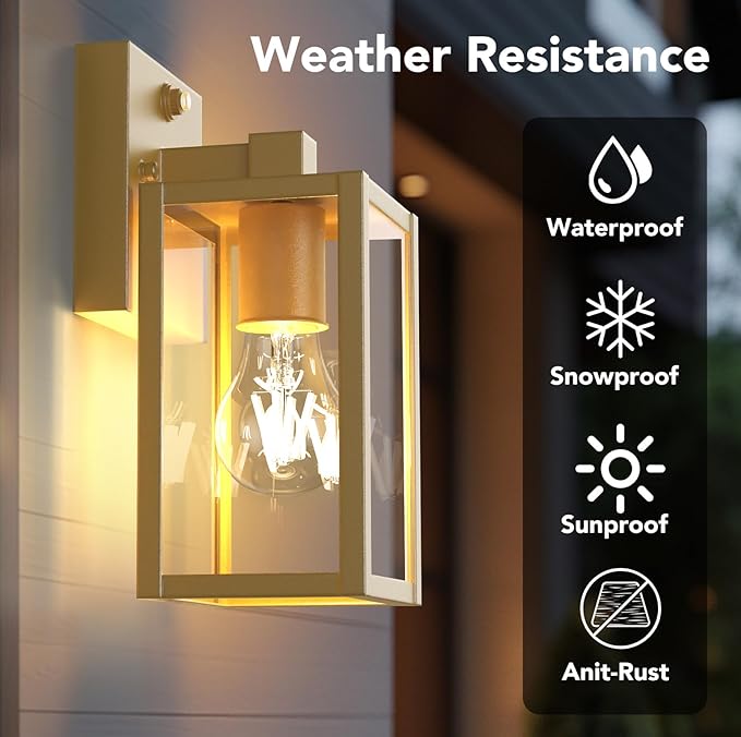 PARTPHONER Dusk to Dawn Outdoor Light Fixtures, 2-Pack Sensor Porch Lights, Waterproof Exterior Wall Sconce Lighting Lamp, Waterproof Wall Lantern for House, Doorway, Garage (Gold)