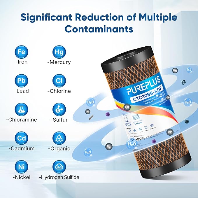 PUREPLUS 5 Micron 10" x 4.5" Whole House Coconut Shell Activated Carbon and KDF Water Filter, Heavy Metal Removal Replacement Water Filter, Compatible with GXWH40L, GXWH35F, BB10, CTO10BB-KDF, 2 PACK