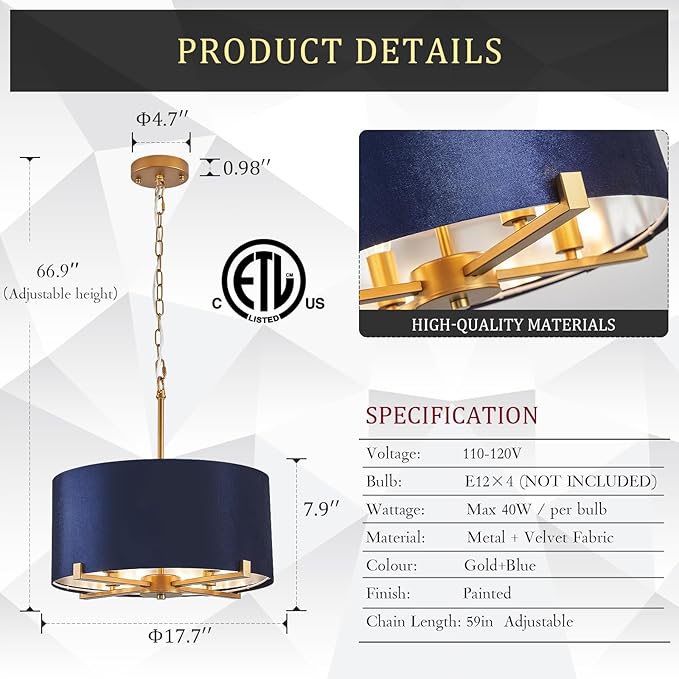 Drum Chandelier,18” Blue and Gold Round Ceiling Pendant Light Fixture Velvet Fabric Shade 4 Lights Modern Semi Flush Mount Hanging Chandelier for Dining Room Foyer Hallway