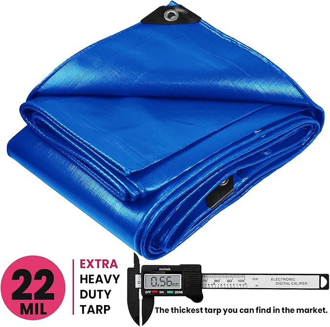 PROTARP Extreme Heavy Duty 22 Mil Tarp Cover, Waterproof, UV Resistant, Rip and Tear Proof, Poly Tarpaulin with Reinforced Edges for Roof, Camping, Patio, Pool, Boat. (Blue 12′ X 16′)