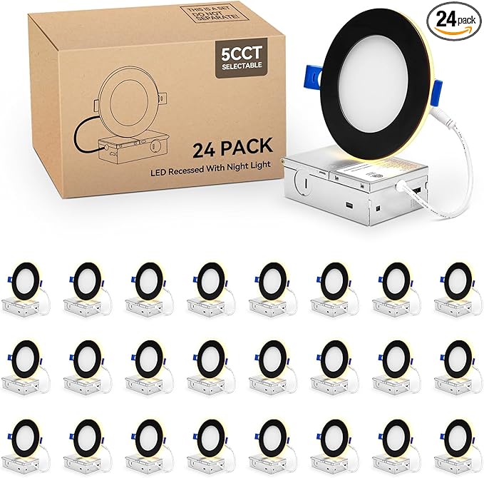 24 Pack 4 Inch Led Recessed Lights with Night Light, Canless Ultra Thin Wafer Soffit Recessed Lighting Downlight, Dimmable & 5 Color Temperature Selectable, 9W, ETL, Black