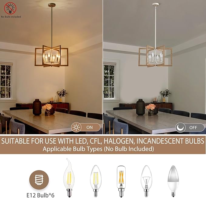Modern Farmhouse Dining Room Light Fixtures, 20'' Geometric Nickel Chandelier for Living Room Kitchen Island Entryway Bedroom, 6-Light Rustic Wood Grain Pendant Hanging Lighting