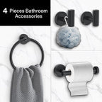 4-Piece Matte Black Bathroom Hardware Accessories Set,Black Towel Ring Set Toilet Paper Holder,Robe Hooks,Stainless Steel Wall Mounted Rustproof Modern Bathroom Set