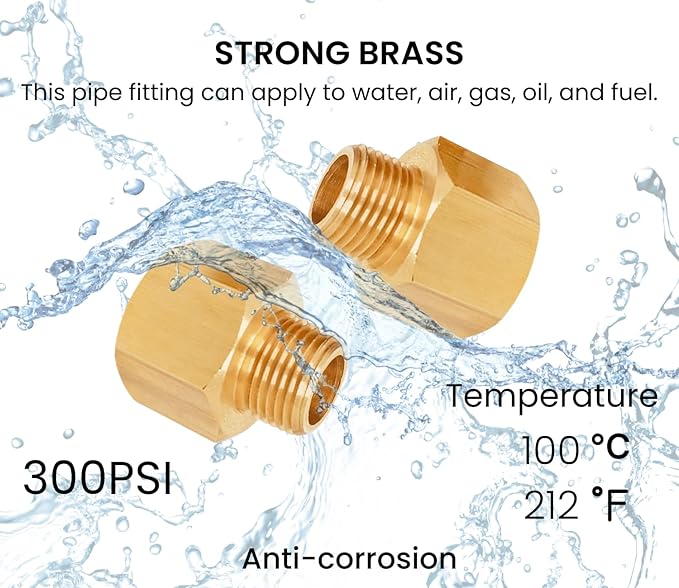 2 Pack Brass Pipe Fittings, 1/2" NPT Female to 3/8" NPT Male Reducer Adapter, Solid Brass Pipe Extension Connectors, Thread 0.75" ID × 0.625" OD, 300 Psi