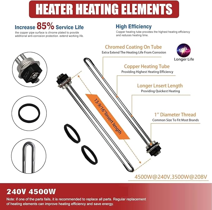 Water Heater Elements, 2 PCs Pack 4500W/240V, The Pack Including Element Wrench and Element Quick Change Tool, Fits Most Models of Dual Element Eletrical Water Heaters