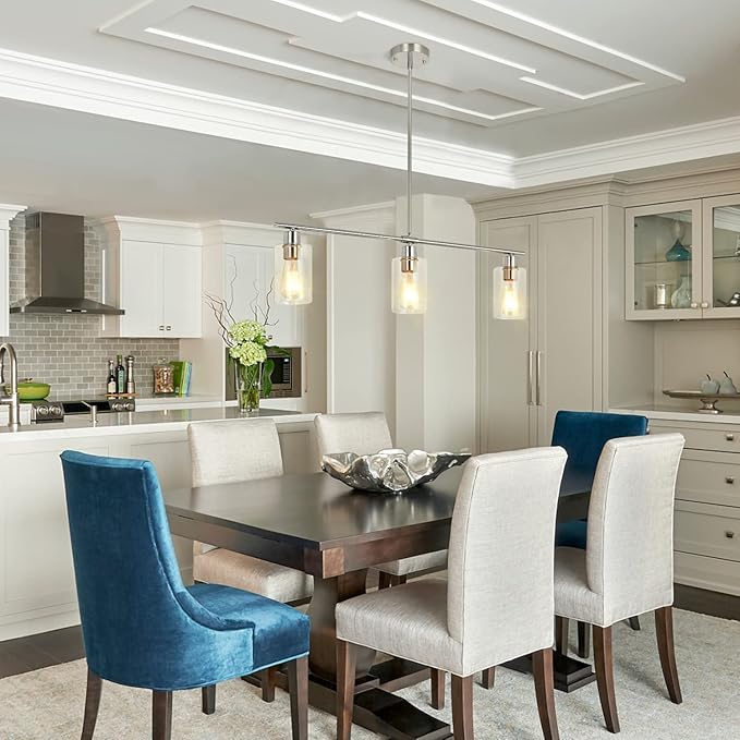 3-Light Pendant Lighting Clear Glass Pendant Lighting for Kitchen Island Brushed Nickel Hanging Light Fixture Pendant Light Dining Room Chandelier Farmhouse