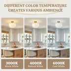 Gold Semi Flush Mount Ceiling Light Fixture,3-Light Ceiling Mount Drum Light Fixture with White Fabric Shade,12.6inch Modern Close to Ceiling Lamps for Living Room, Bedroom, Dining Room,Hallway