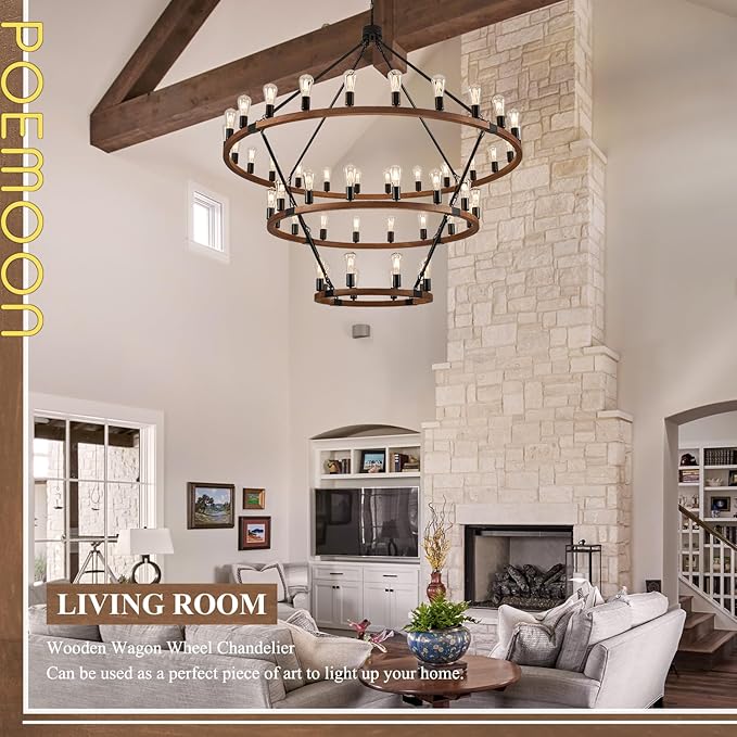 Extra Large 63'' Wooden Wagon Wheel Chandelier Farmhouse 3 Tier 48 Lights Black Rustic Round Wood Pendant Light Fixture for High Ceiling Living Dining Room Foyer Villa Staircases