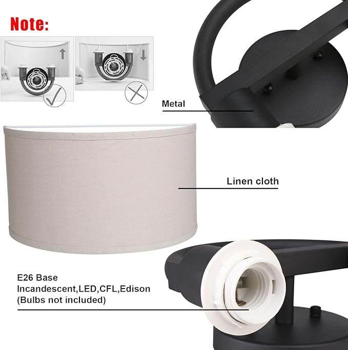 Yosoan 2-Light Linen Fabric Cloth Boho Wall Sconce Hallway Fixture Light, Dual Indoor Hardwired Vanity Vintage Wall Mount Lighting Semicircle Fabric Lamp Shade for Bedroom Stairwell Study Gallery