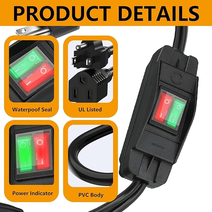 Black 2 Way Extension Cord with On/Off LED Switch, Fiabtool 3 Prong Extension Cord Splitter, Heavy Duty Plug Splitter, SJTW 18AWG 10A/125V, Indoor Use (6.56 Ft, Black)