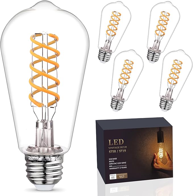 4 - Pack LED Edison Light Bulbs 60W Equivalent, Dimmable ST58 Vintage Light Bulbs, E26 Medium Base, 6W, 600LM, 2700K, 80+ CRI, Antique Decorative Filament LED Bulb.