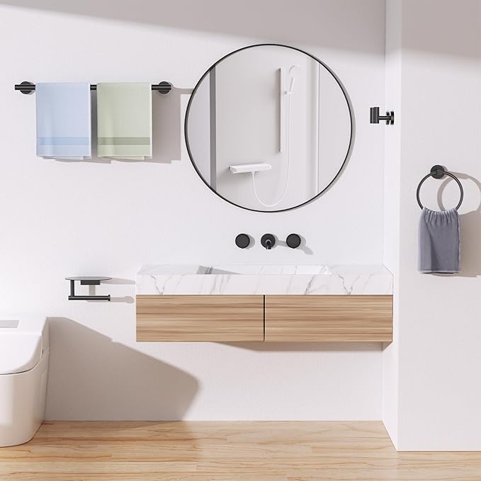 TURS Matte Black 5 Piece Bathroom Hardware Set, SUS304 Stainless Steel Bath Towel Bar Set, Bathroom Towel Rack Set Wall Mounted