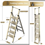 5 Step Ladder Adult Portable Folding Step Stool, Folding Aluminum Step Ladder with Double Padded Treads, Step Ladder with Handle for Home, Kitchen, Outdoor, 330 lb - Champagne Gold