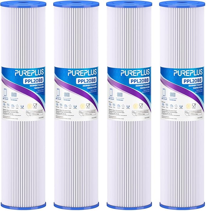 PUREPLUS 5 Micron 20" x 4.5" Whole House Pleated Sediment Filter for Well Water, Replacement Cartridge for ECP20-20BB, AP810-2, SPC-45-2020, R30-20BB, HDC3001, ECP5-20BB, 4Pack