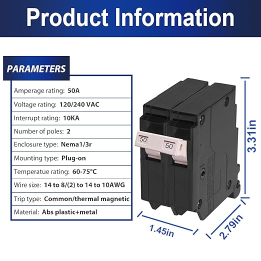 50 Amp 2-Pole Circuit Breaker, Type 3/4-Inch Plug-On Molded Case Circuit Breaker, 120/240V, Thermal Magnetic, 10-Yr Warranty