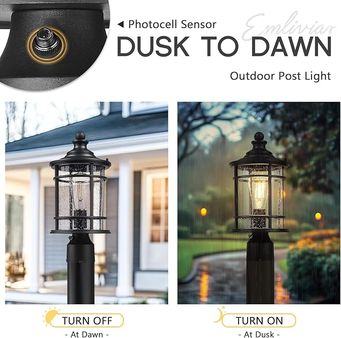 Emliviar 14.9 Inch Dusk to Dawn Outdoor Lamp Post Light, Black Pole Light Fixture with Photocell Sensor, Outdoor Post Lantern with Seeded Glass Shade, XE229P PC BK