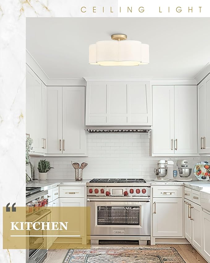 Gold Semi Flush Mount Ceiling Lights, 6-Light 18Inch Ceiling Light Fixtures with Fabric Shade in Flower Shape, Farmhouse Brass Drum Lighting for Nursery Bedroom Kitchen, AD-22007-6SF-GD