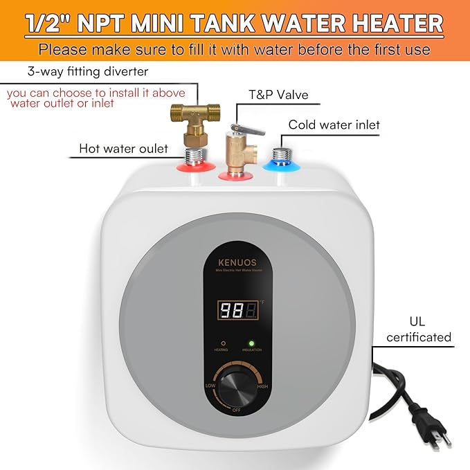 2.5 Gallon Mini Tank Water Heater,Under Sink Instant Hot Water with LED Display,1500W 120V Compact Design Small Water Heater for RV,Kitchen,with 1/2" NPT T&P Valve,3-Way Fitting Valve Grey