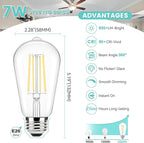 Brightever Edison Bulbs 60W Equivalent, 4000K Natural White Dimmable LED Light Bulb, 7W, 850LM Vintage E26 Light Bulb, 90+CRI, ST58 Clear Glass Antique Decor LED Filament Bulbs for Bedroom, 10 Pack