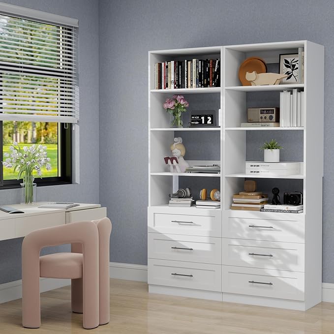 Closet System with Drawers, Wood Closet Organizer System with Adjustable Shelves and Extra Hanging Rod, 81"Tall Closet System for Small Closets, Modular Walk-in Closet System, White (4FT)