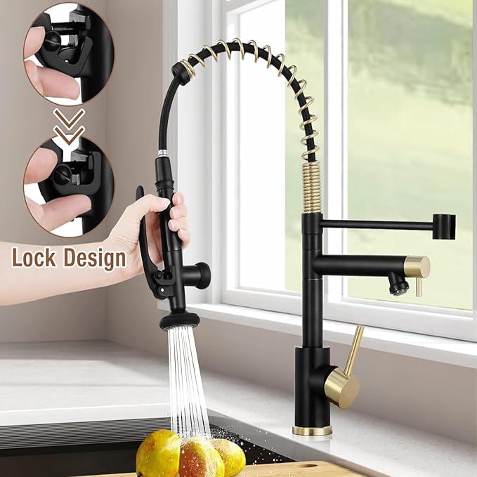 Smart Kitchen Faucet, 3 Modes Pull Down Sprayer, LED Temperature Control, Ceramic Valve,360-Degree Rotation,1 or 3 Hole Deck Plate, Double Spout. 10-Year Warranty. (KW-05GR. Brushed Gold/Black)