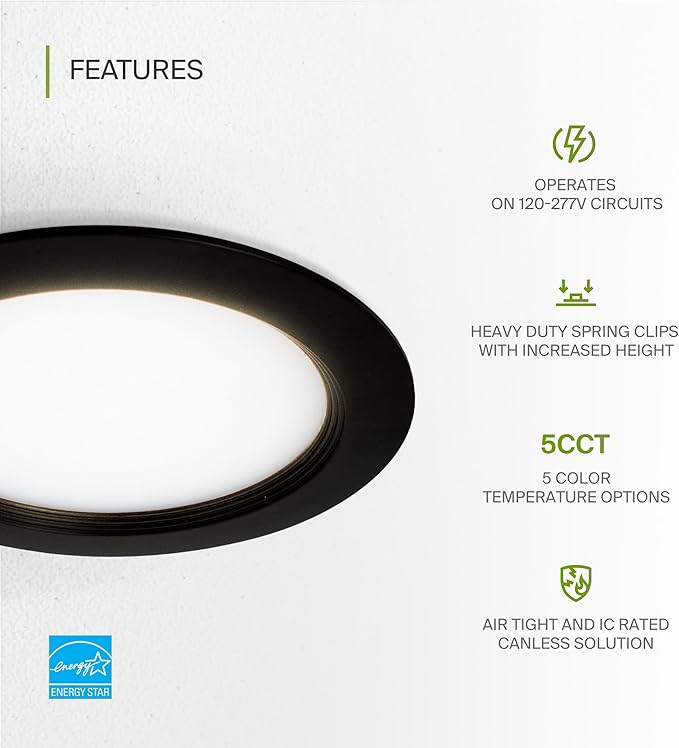 ASD Recessed Lighting 6 Inch Round Commercial LED Downlight, Mini Panel Baffle Trim, 15W 120-277V, 5 CCT Selectable 2700K/3000K/3500K/4000K/5000K, Dimmable LED Ceiling Light Fixture, Black, ETL