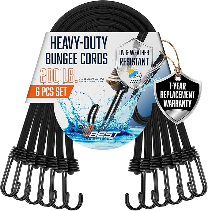 Strong Long Bungee Cords Heavy Duty Outdoor - 6 Pieces Set of Large Bungee Cords with Hooks 60 Inch - 5 ft Black Bungie Chords UV & Weather Resistant