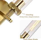 Gold Bathroom Light Fixtures Over Mirror, Vanity Lights Set of 2 with Knurled Texture, Brushed Gold Wall Sconces with Clear Glass Shade, Modern Industrial Bathroom Lighting for Bedroom, Living Room