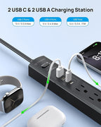 TROND 360° Rotating Plug Surge Protector Power Strip, Flat Plug Power Strip with 2 USB C and 2 USB A, 1440J Surge Protector, Wall Mountable, Flat Extension Cord 10ft for Home Office Dorm, Black