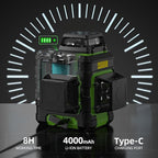 Huepar Laser Level 3 x 360 Self Leveling Laser Level Tool 3D Cross Line Leveling and Alignment Laser Tool, Li-ion Battery with USB-C Charging Port & Hard Carry Case & Tape Measure Included - HM03CGTP