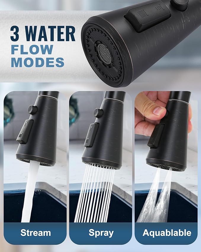 Pull Down Spray Head Replacement - for Kitchen Faucet Sprayer Head with 9 Adapters, 3 Function Pull Out Faucets Spray Nozzle Compatible with Moen, American Standard Faucets, Oil Rubbed Bronze