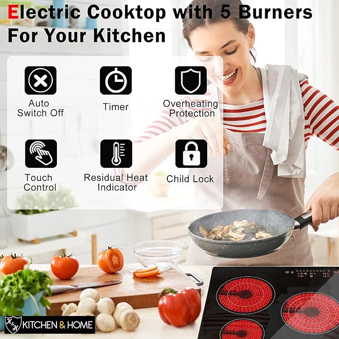 K&H 5 Burner 30 Inch Built-in Electric Stove Top Radiant Ceramic Cooktop Touch Control 240V 9000W CE30-8808NF