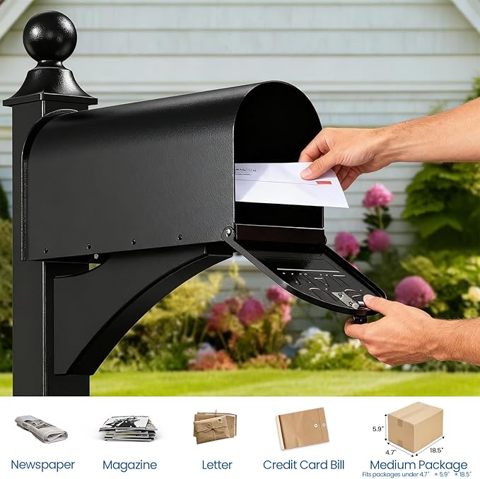 Solar Mailbox Light for Outside Post Mount - 3 Light Modes, Strongest Magnet, Dual-Sided, Waterproof Galvanized Steel, Easy Install, Medium Capacity, 20 x 8.8 x 7 inches, Black
