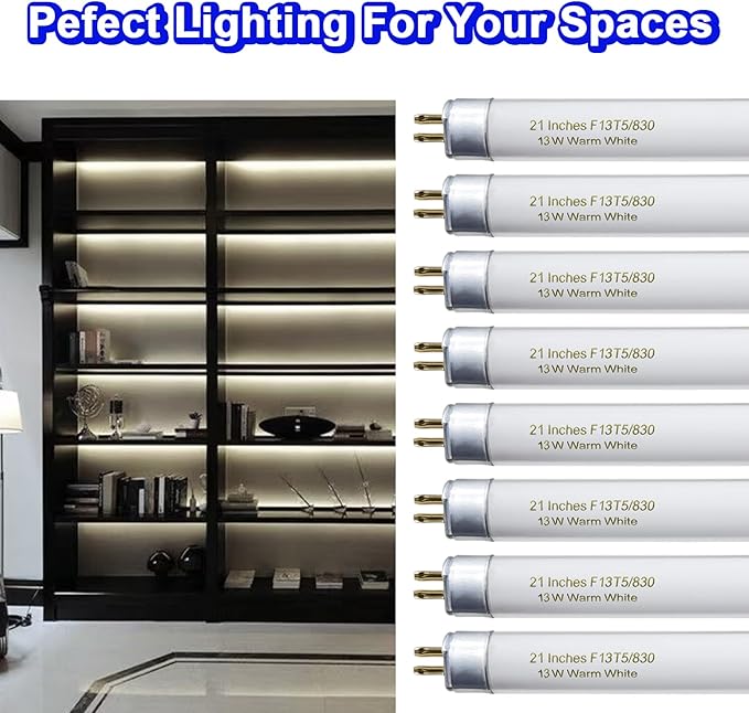 8 Pack 21 Inch T5 Fluorescent Light Bulb 13 Watt F13T5/WW Compatible with Sylvania Satco Philips GE Under Cabinet Tube Light Warm White 800 Lumen G5 Base 8 Count